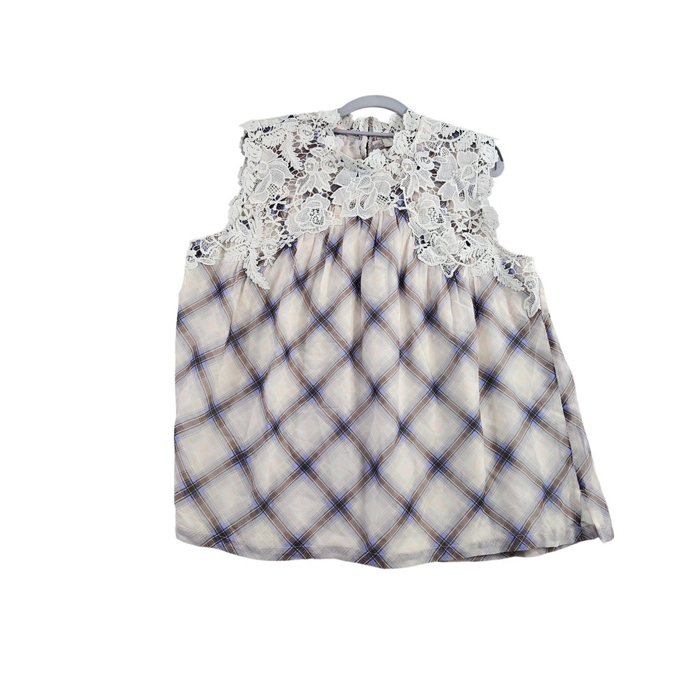 LOFT Womens Large Plaid‎ Lace Yoke Sleeveless Top Tan Blue Cottagecore Victorian